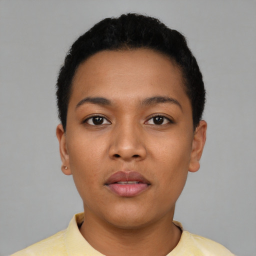 Neutral latino young-adult female with short  black hair and brown eyes