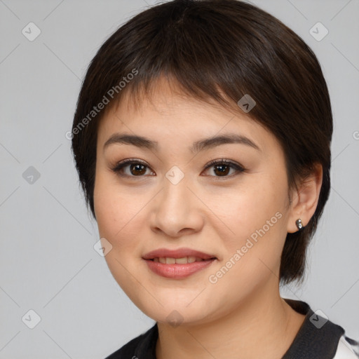 Joyful white young-adult female with medium  brown hair and brown eyes