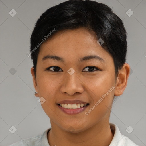 Joyful asian young-adult female with short  black hair and brown eyes