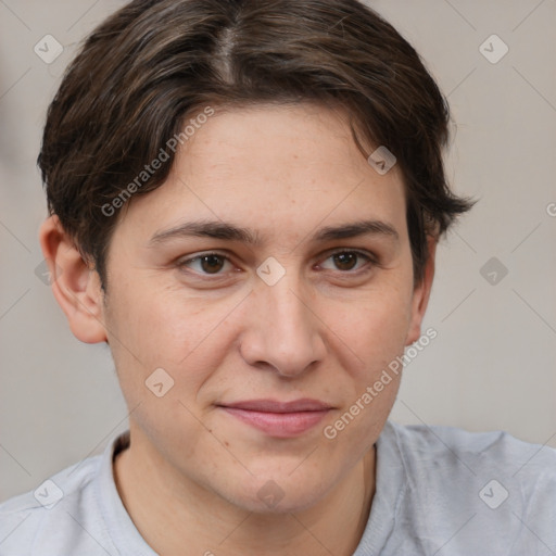 Joyful white adult female with short  brown hair and brown eyes