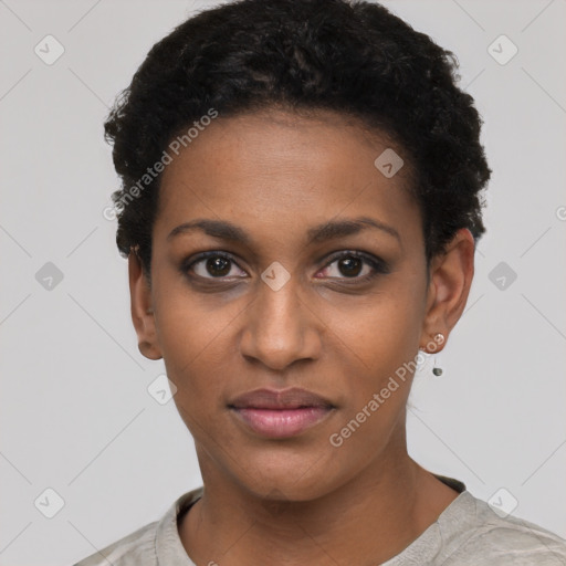 Neutral black young-adult female with short  black hair and brown eyes