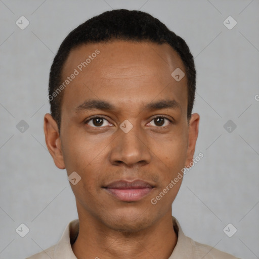 Neutral latino young-adult male with short  black hair and brown eyes