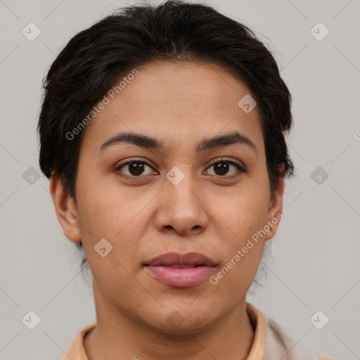 Joyful asian young-adult female with short  brown hair and brown eyes