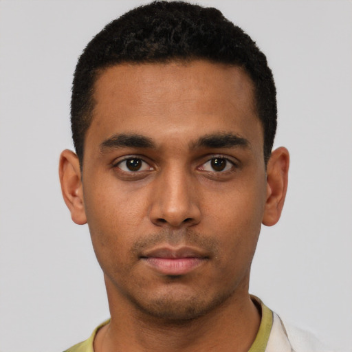 Neutral black young-adult male with short  black hair and brown eyes