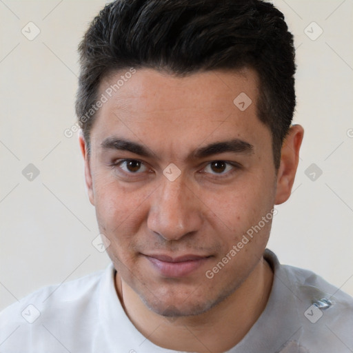 Joyful white young-adult male with short  brown hair and brown eyes