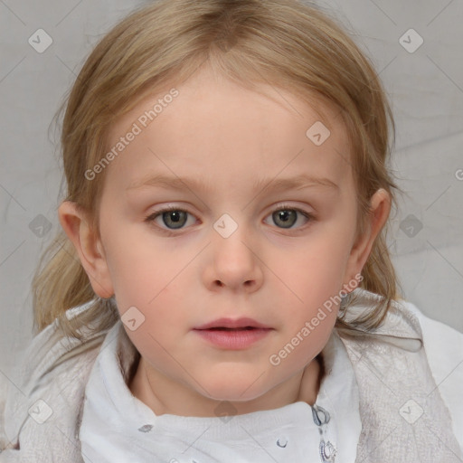 Neutral white child female with medium  brown hair and blue eyes