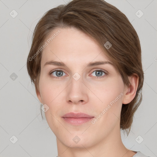 Neutral white young-adult female with medium  brown hair and grey eyes