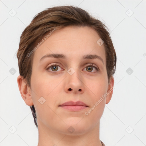 Neutral white young-adult female with short  brown hair and brown eyes