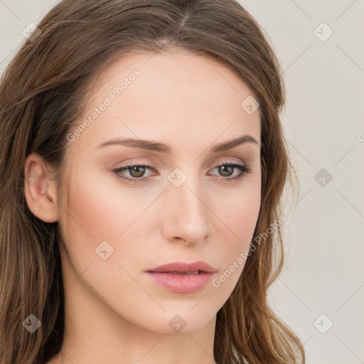 Neutral white young-adult female with long  brown hair and brown eyes