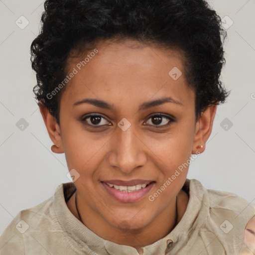 Joyful latino young-adult female with short  brown hair and brown eyes