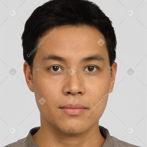 Neutral asian young-adult male with short  brown hair and brown eyes