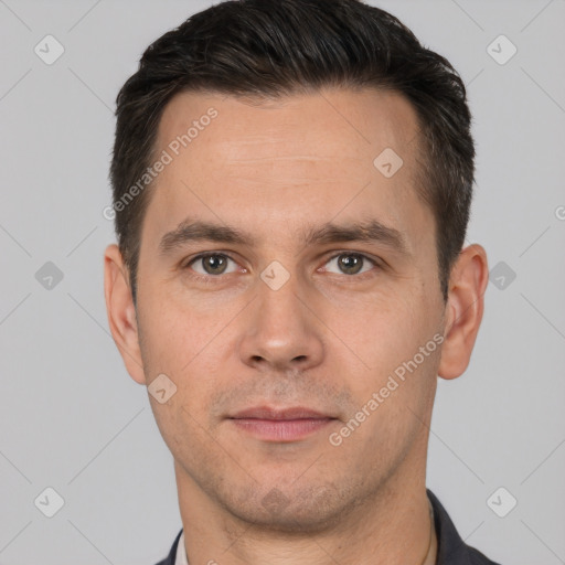 Neutral white adult male with short  brown hair and brown eyes