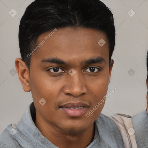 Joyful black young-adult male with short  black hair and brown eyes