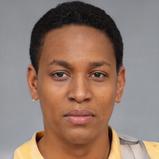 Neutral latino young-adult female with short  black hair and brown eyes