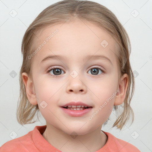 Joyful white child female with medium  brown hair and blue eyes