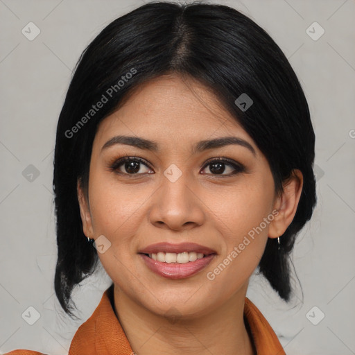 Joyful asian young-adult female with medium  black hair and brown eyes