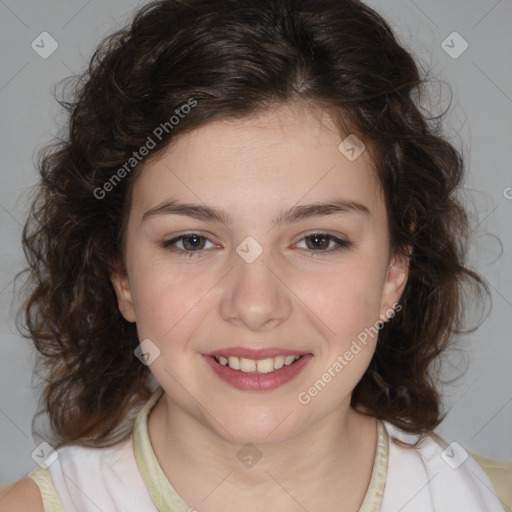 Joyful white child female with medium  brown hair and brown eyes