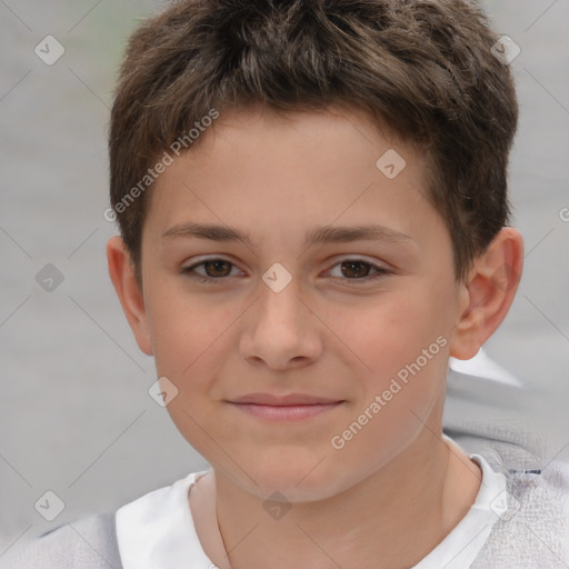 Joyful white child male with short  brown hair and brown eyes