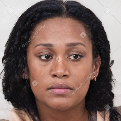 Neutral black young-adult female with long  brown hair and brown eyes