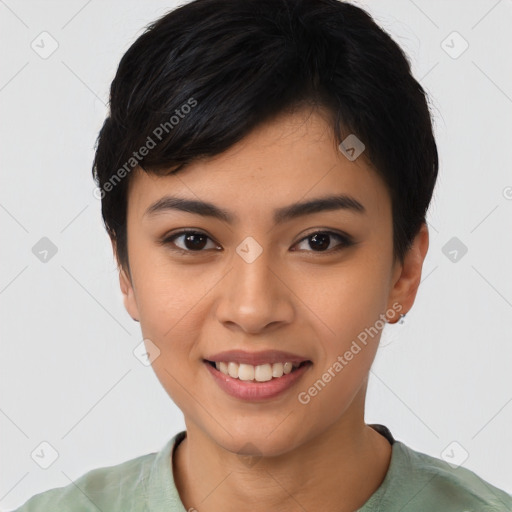 Joyful asian young-adult female with short  brown hair and brown eyes