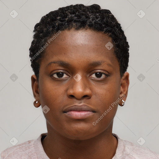 Neutral black young-adult female with short  black hair and brown eyes