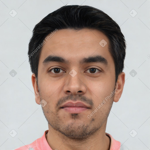 Neutral latino young-adult male with short  black hair and brown eyes