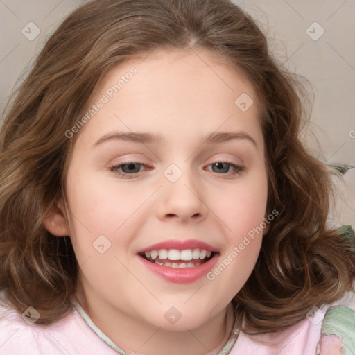 Joyful white child female with medium  brown hair and brown eyes