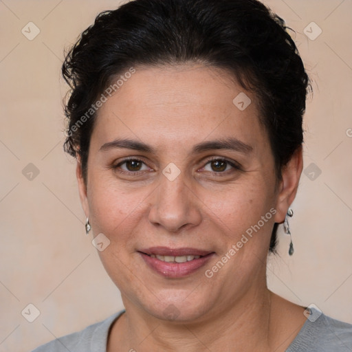 Joyful white adult female with short  brown hair and brown eyes