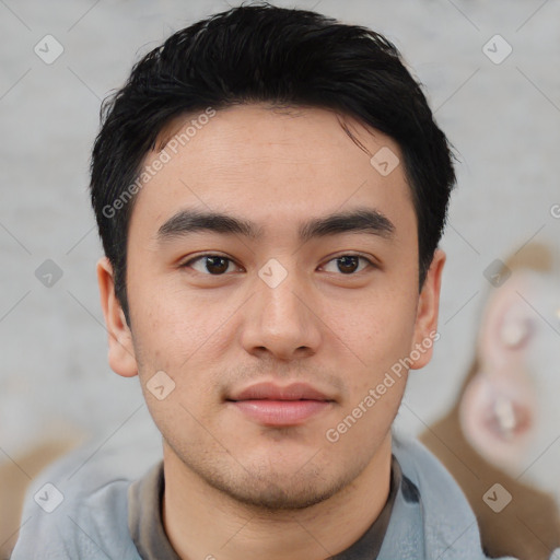 Neutral asian young-adult male with short  black hair and brown eyes