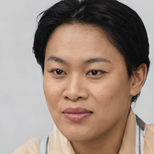 Joyful asian adult female with short  brown hair and brown eyes