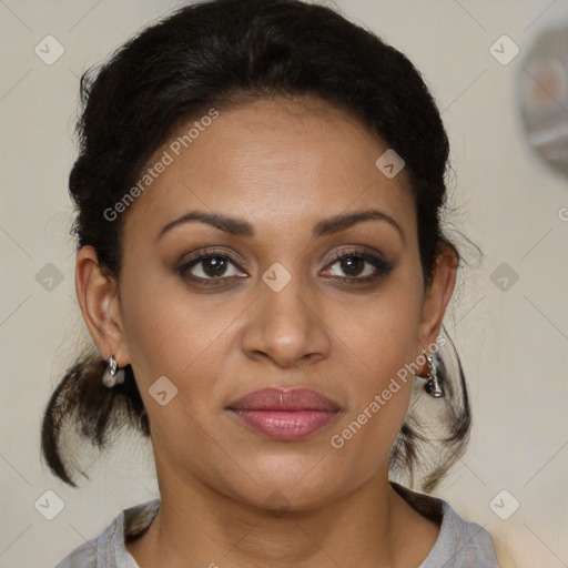 Joyful latino young-adult female with medium  brown hair and brown eyes