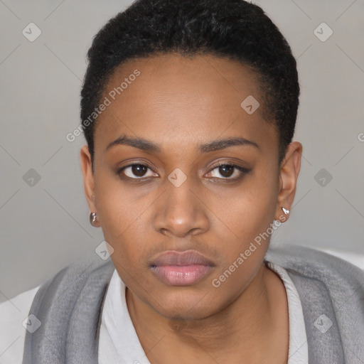 Neutral black young-adult female with short  black hair and brown eyes