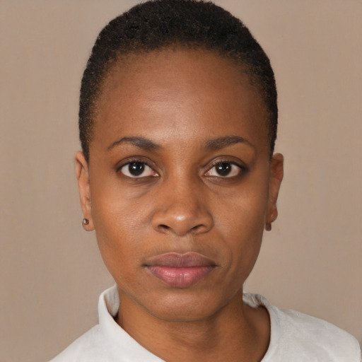 Neutral black young-adult female with short  black hair and brown eyes