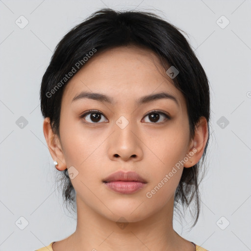 Neutral asian young-adult female with medium  black hair and brown eyes