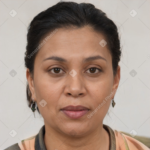 Joyful white adult female with short  brown hair and brown eyes