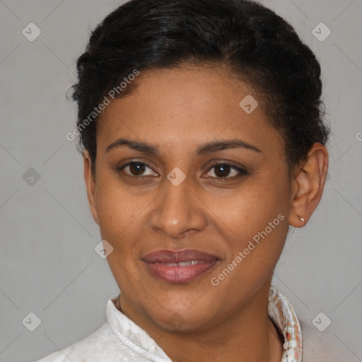 Joyful latino young-adult female with short  brown hair and brown eyes