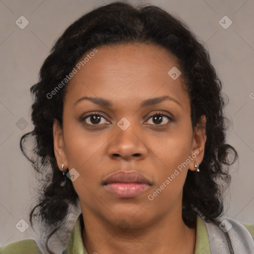 Neutral black young-adult female with medium  brown hair and brown eyes