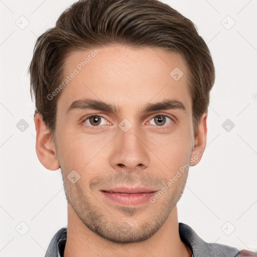 Neutral white young-adult male with short  brown hair and brown eyes