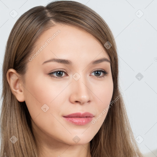 Neutral white young-adult female with long  brown hair and brown eyes