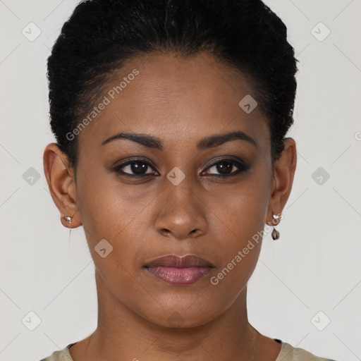 Neutral black young-adult female with short  brown hair and brown eyes