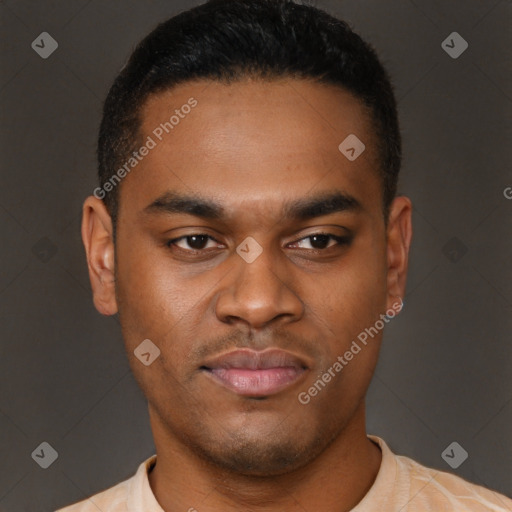 Joyful latino young-adult male with short  brown hair and brown eyes