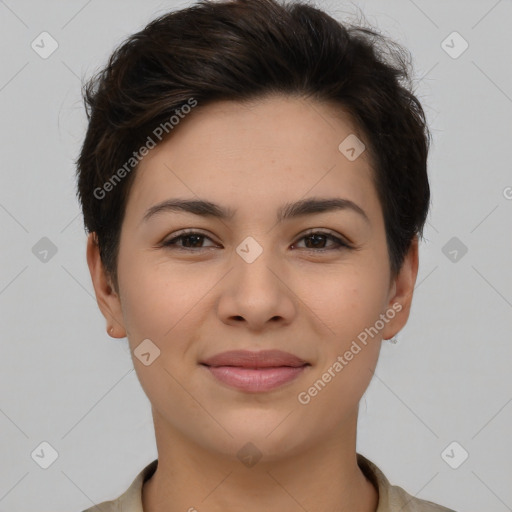 Joyful asian young-adult female with short  brown hair and brown eyes