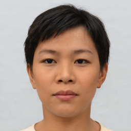 Neutral asian young-adult female with short  brown hair and brown eyes