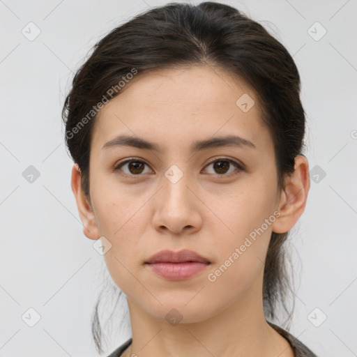 Neutral white young-adult female with medium  brown hair and brown eyes