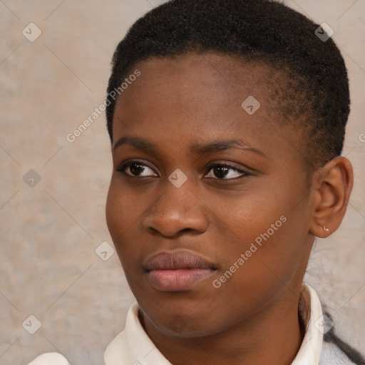 Neutral black young-adult female with short  brown hair and brown eyes