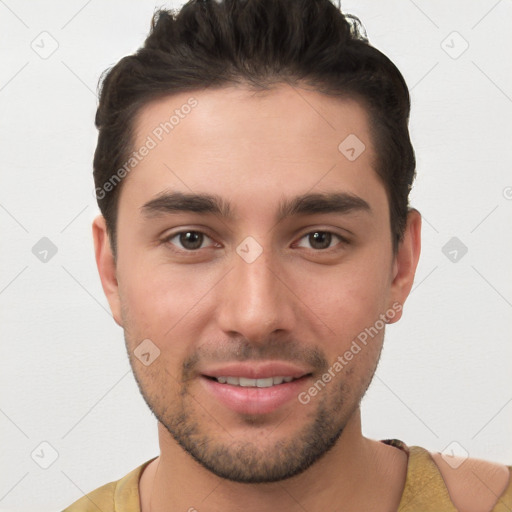 Joyful white young-adult male with short  brown hair and brown eyes