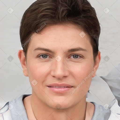 Joyful white young-adult female with short  brown hair and grey eyes