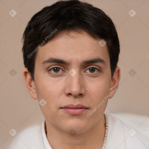 Neutral white young-adult male with short  brown hair and brown eyes