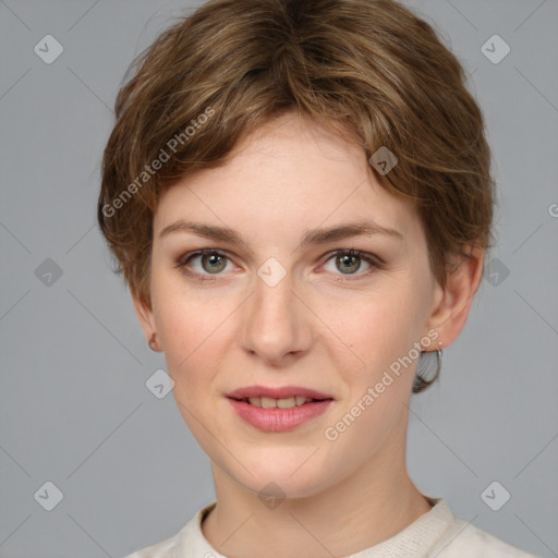 Joyful white young-adult female with medium  brown hair and grey eyes