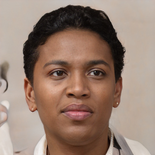 Joyful black young-adult female with short  brown hair and brown eyes